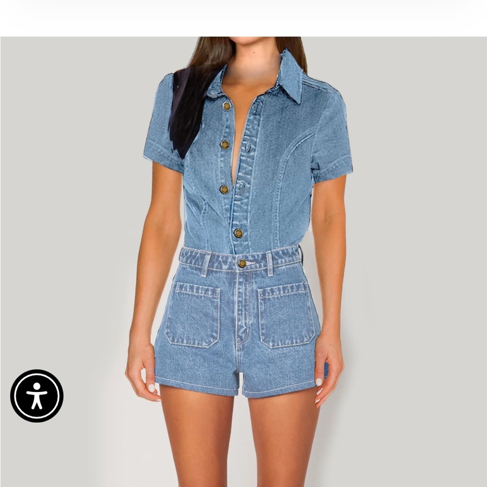 Denim Short-Sleeve Romper - Light Blue XS worn once